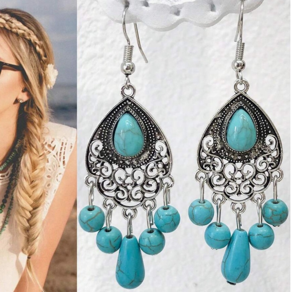 Silver/Turquoise Gem Boho Drop Earrings - Picture 3 of 4